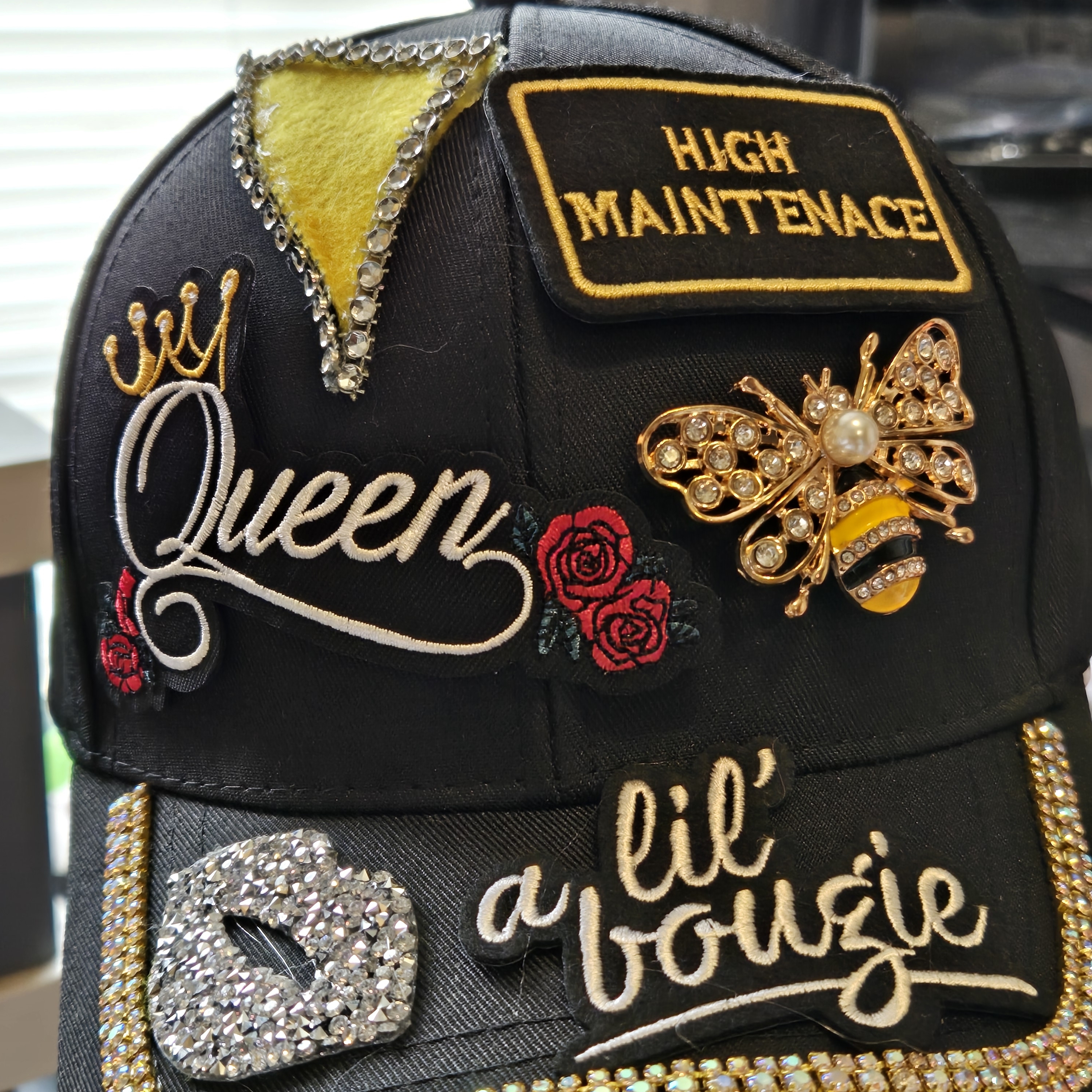 Embellished 'Queen' Patch Black Baseball Cap With Gold Bee & Rhinestones